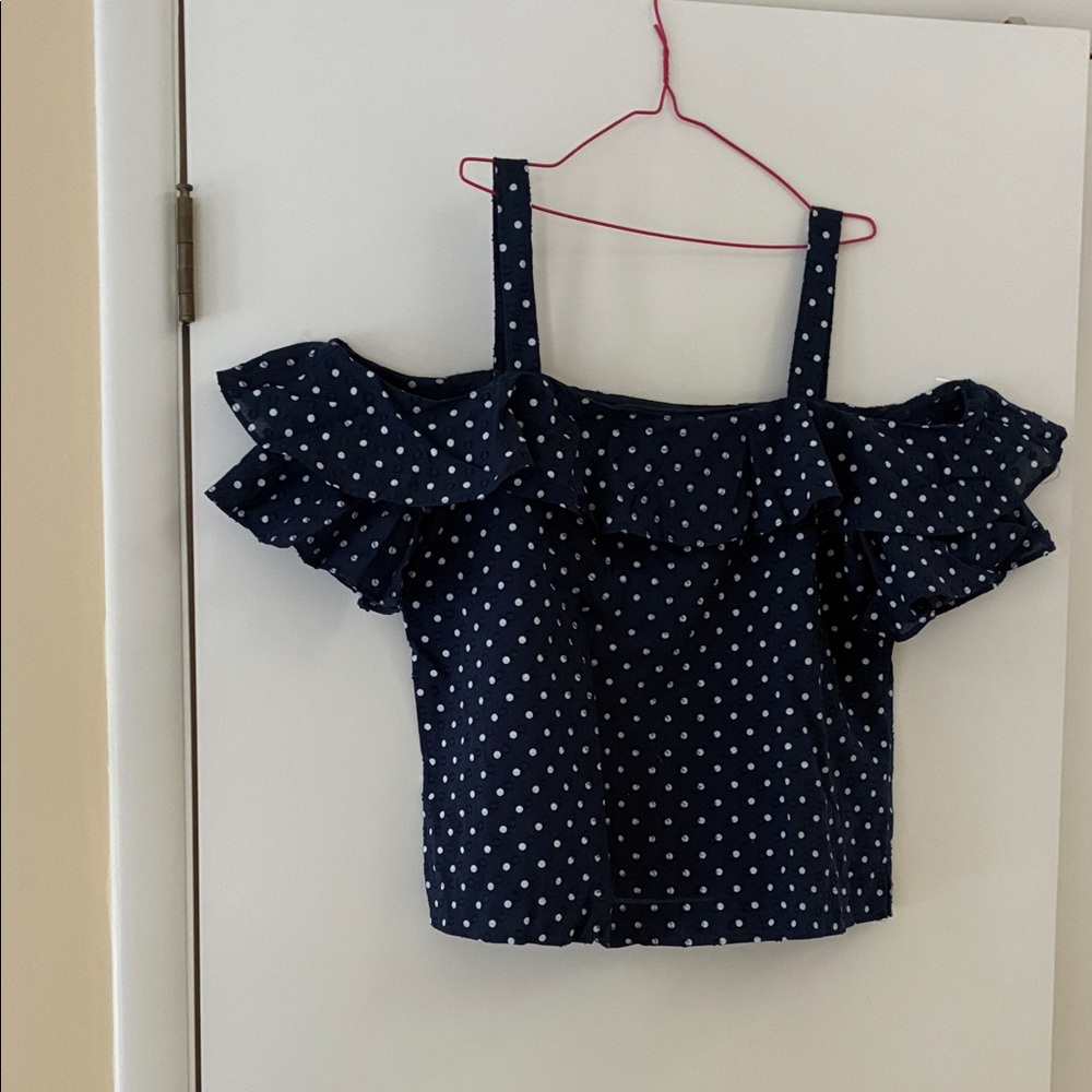 J. Crew Navy Polka Dot Off-Shoulder Top